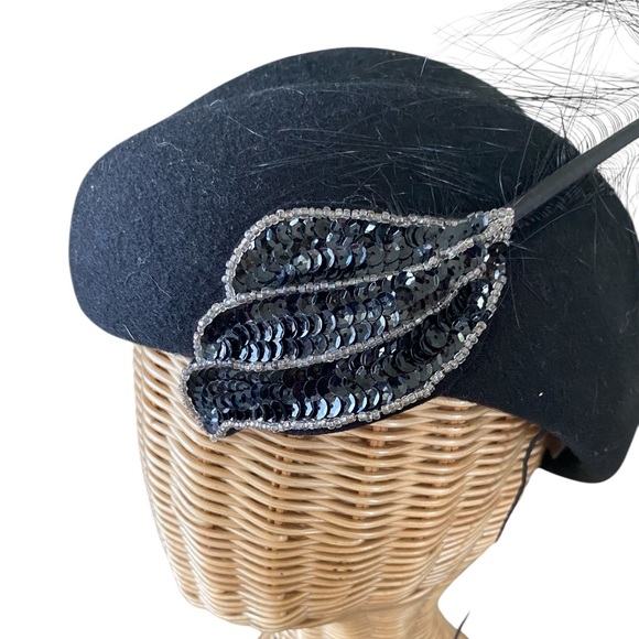 Adolfo II Vintage Excello 100% Wool Black Sequin Hat With Feather main image 5